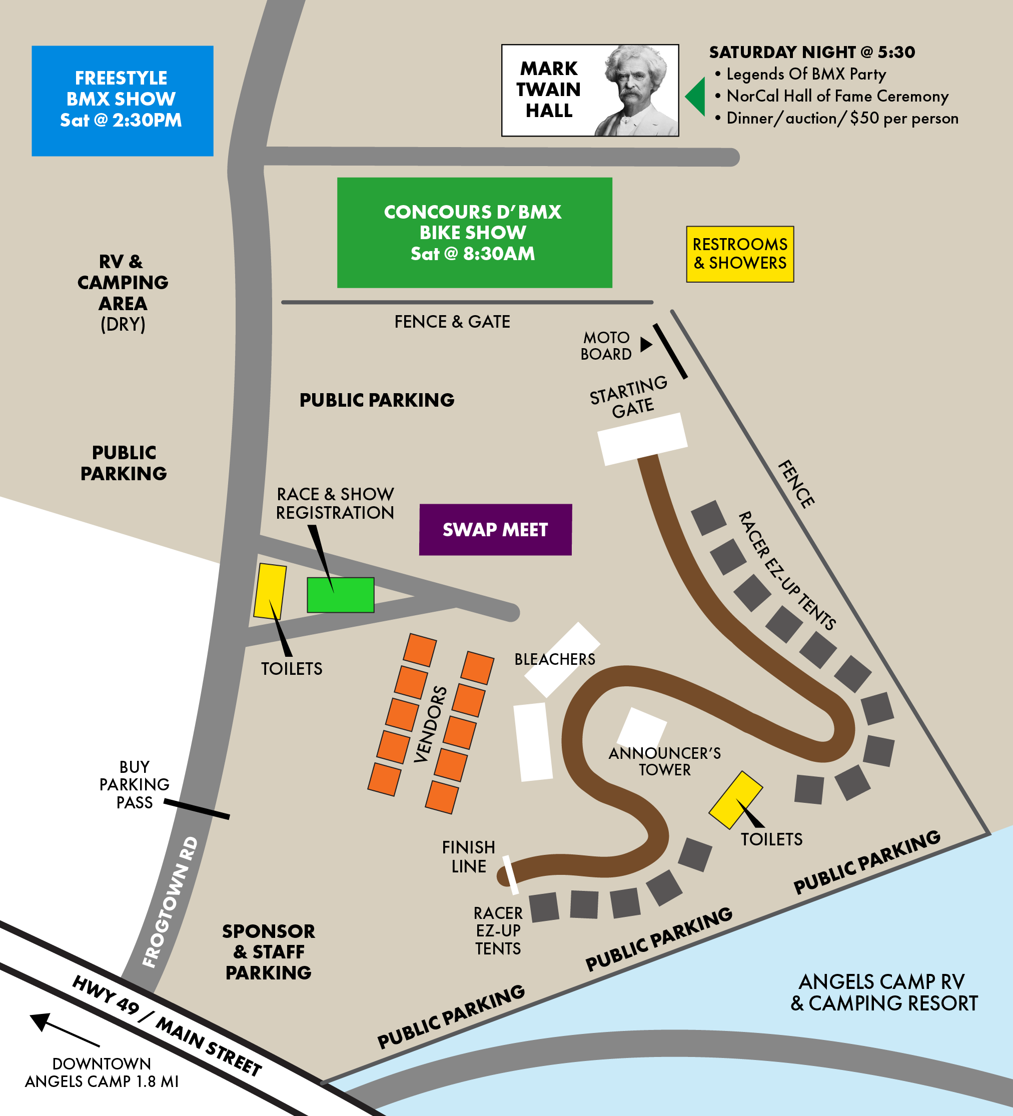 Venue map for Frogtown Classic International BMX Days 2026 — BMX track, racer EZ-UP tent squares along Finish Line to Turn 2 to Starting Straight, parking, vendors, and Mark Twain Hall