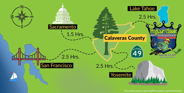 Illustrated regional map showing Frogtown's location in Calaveras County, California